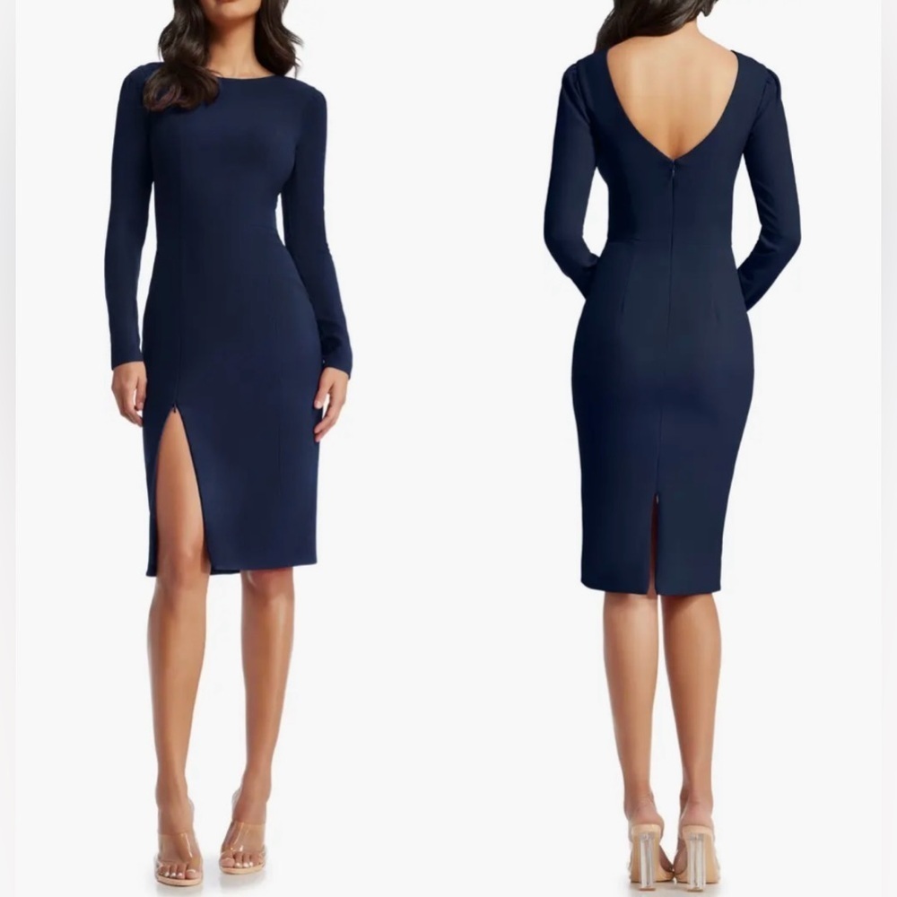 NWOT DRESS THE POPULATION Nadia Long Sleeve Scoop Back Navy Dress sz L